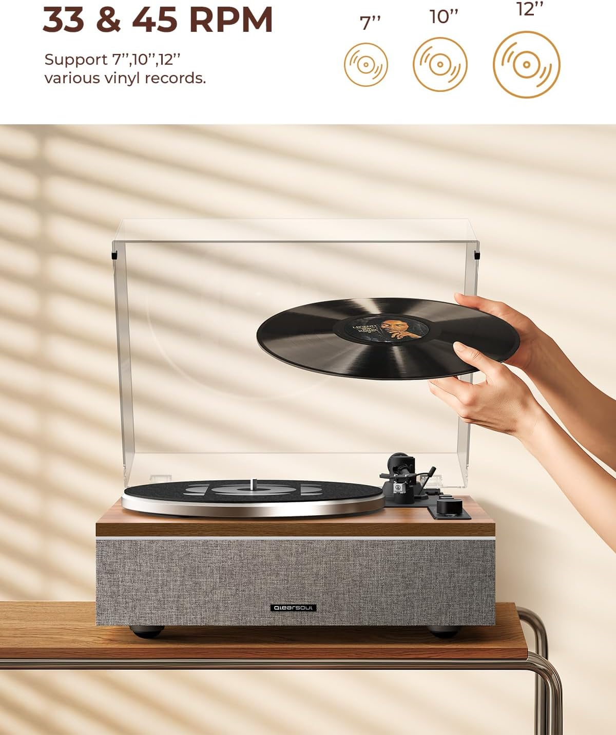 One-S Vinyl Platenspeler met geïntegreerde Luidsprekers en DSP, Bluetooth, Phono-Voorversterker AT-3600L, 33/45 rpm (Walnoot)