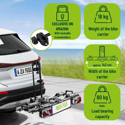 EUFAB 12012LASON Poker-F Plus Fietsendrager, exclusief op Amazon met afsluitbare framehouders, geschikt voor e-bike, compleet voorgemonteerd, voor 2 fietsen, voor trekhaak, zwart