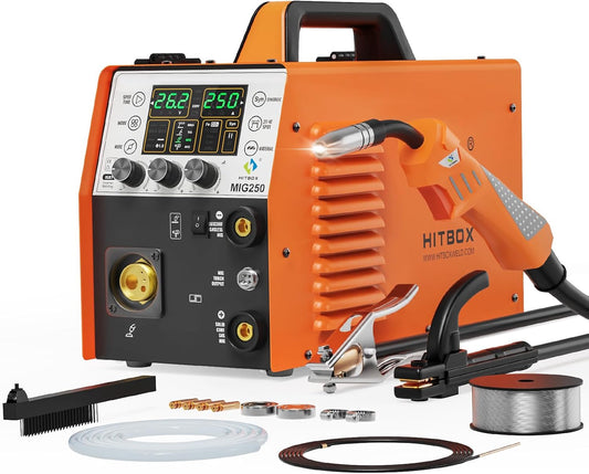 HITBOX 6-in-1 MIG Lasmachine Gas/Gasloos 250A 230V Digitale MIG Inverter met LED Display, Geschikt voor Flux & Massieve Draad, MIG/ARC/Lift TIG, Aluminium Lassen (MIG250)