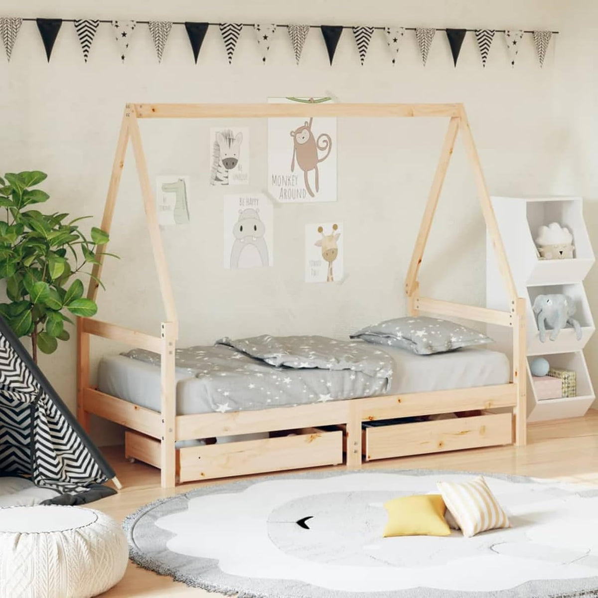 Gecheer 834474 Children's Bed with Drawers 80 x 160 cm Solid Wood Pine Design in House Shape Robust Slats for Children's Room - QUORE