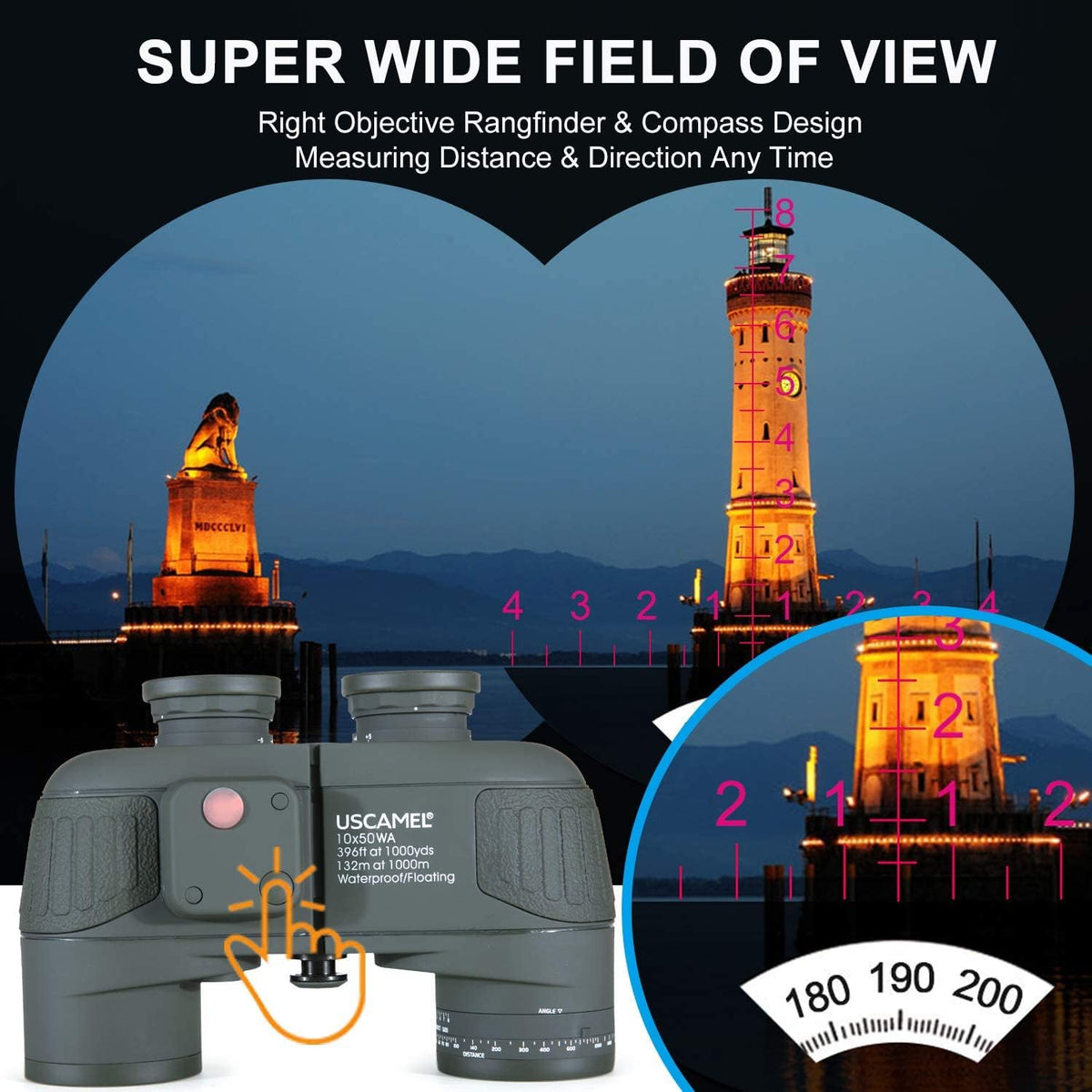 USCAMEL® 10x50 HD Militaire Verrekijker met Afstandsmeter Kompas Telescoop Stikstof Gevuld Waterdichte Sport Optica Legergroen
