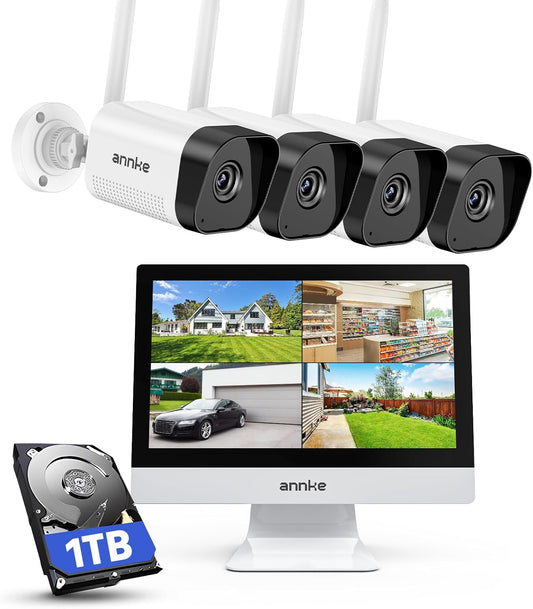 ANNKE 3MP bewakingscameraset met monitor, 12 inch monitor NVR bewakingscamerasysteem met 4 stuks 3MP wifi-camera's, 2-weg audio, persoonsherkenning, 30 m nachtzicht, ondersteunt Alexa, 1 TB HDD