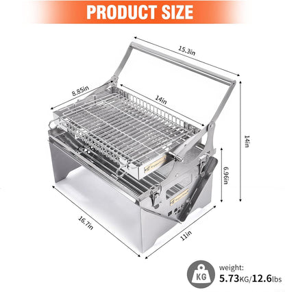 Barbecuegrill, draagbare barbecuegrill voor buiten, roestvrijstalen houtskoolgrill, opvouwbare BBQ-roker voor picknick, tuin, terras, camping, reizen, wandelen