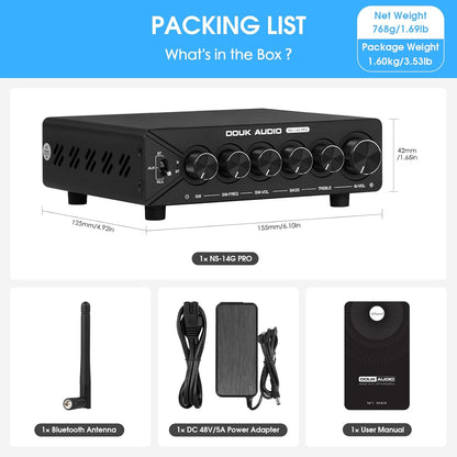 DoukAudio 2.1-kanaals versterker met Bluetooth: twee TPA3255 chips, aptX-HD, 300W subwoofer en 48V voeding voor audiofiele (NS-14G Pro)