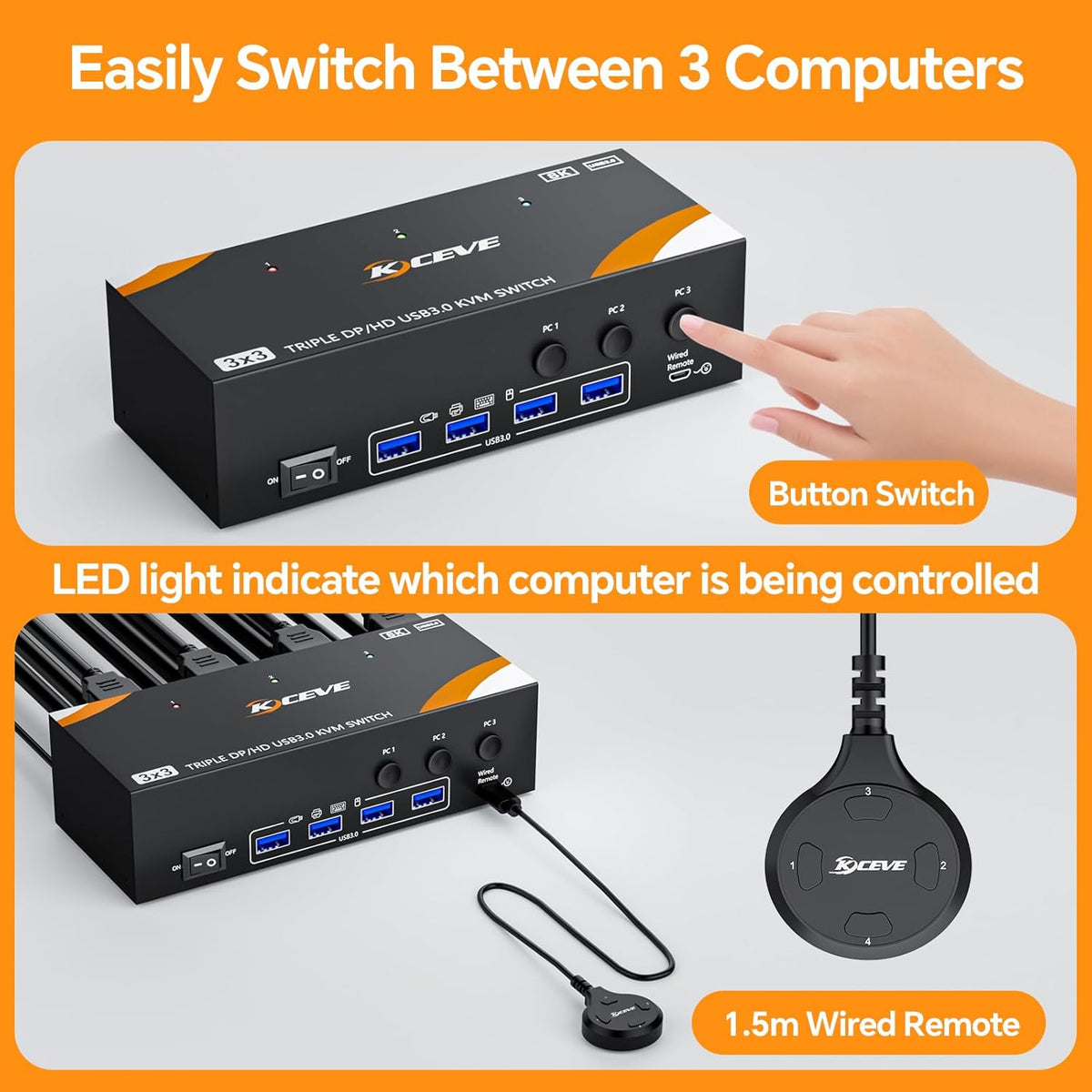 KVM Switch 3 PC 3 monitoren 8K @60Hz / 4K @144Hz, Displayport 1.4 HDMI 2.1 USB 3.0 KVM Switch Triple Monitor voor 3 PC delen muis, toetsenbord met bedrade afstandsbediening en 12V Power
