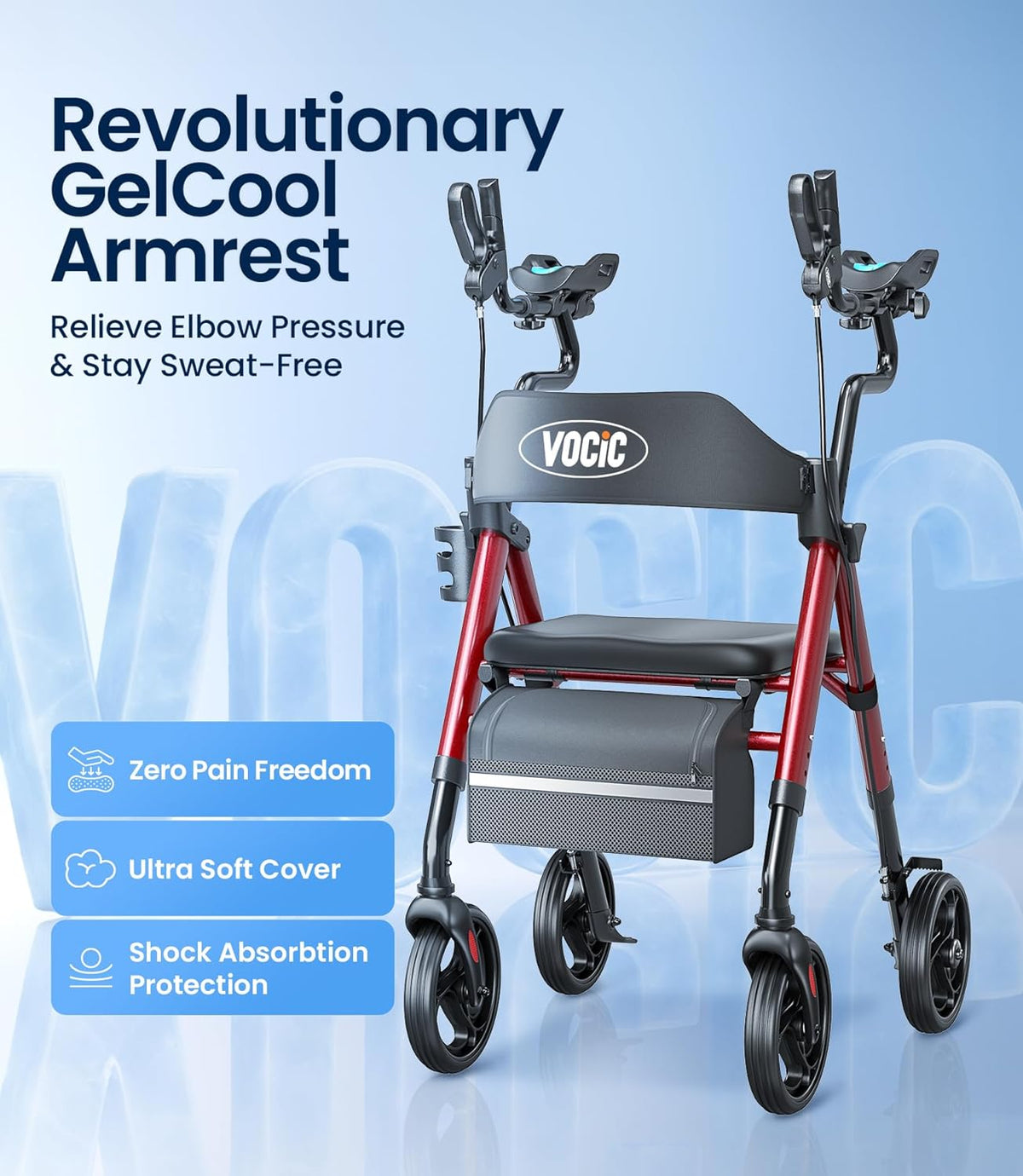 VOCIC Z22 GelCool Rollator Opvouwbaar en licht met zitting, met onderarmsteunen en verstelbare armleuningen, rollatoren voor senioren met comfortabele pasvorm, tot 136 kg, beker- en stokhouder