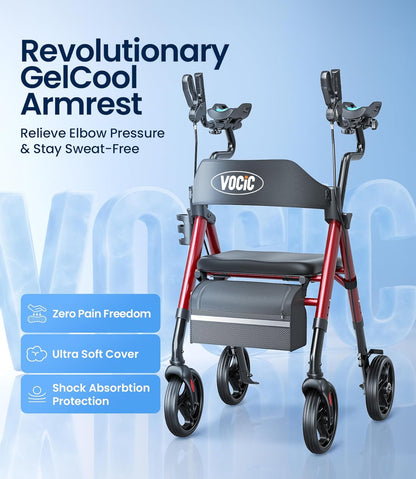 VOCIC Z22 GelCool Rollator Opvouwbaar en licht met zitting, met onderarmsteunen en verstelbare armleuningen, rollatoren voor senioren met comfortabele pasvorm, tot 136 kg, beker- en stokhouder