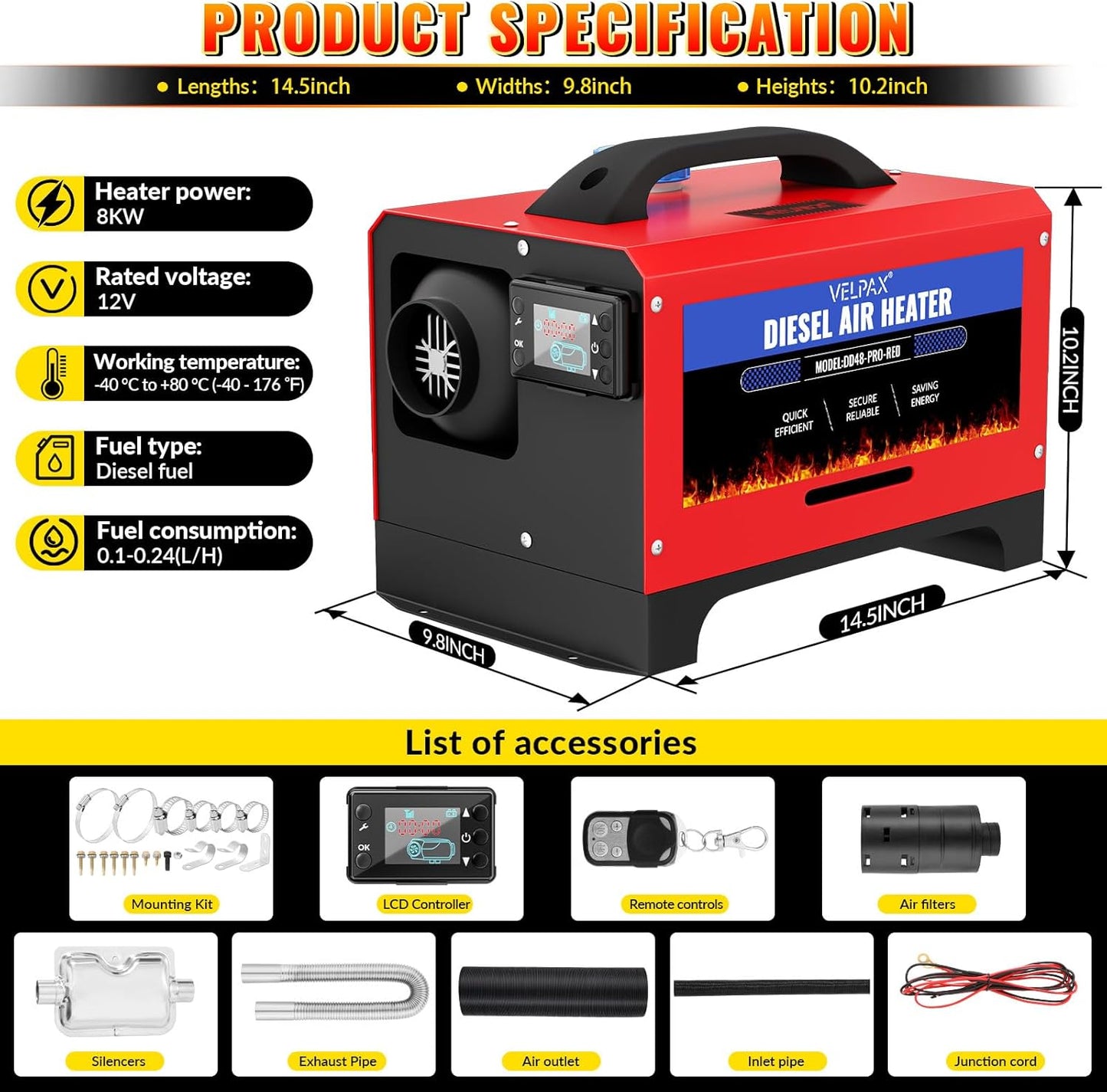 Diesel Air Heater, 12 V, 8 kW Diesel Air Heater, Diesel Parent Heater, Switch with LCD Display, Complete Accessories, Consumption L/H: 0.18-0.48 for Trucks, Motorhomes and Boats - QUORE
