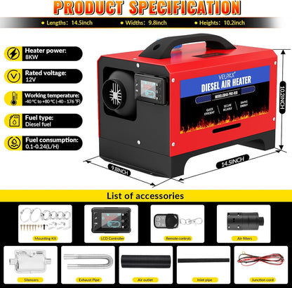 Diesel Air Heater, 12 V, 8 kW Diesel Air Heater, Diesel Parent Heater, Switch with LCD Display, Complete Accessories, Consumption L/H: 0.18-0.48 for Trucks, Motorhomes and Boats - QUORE