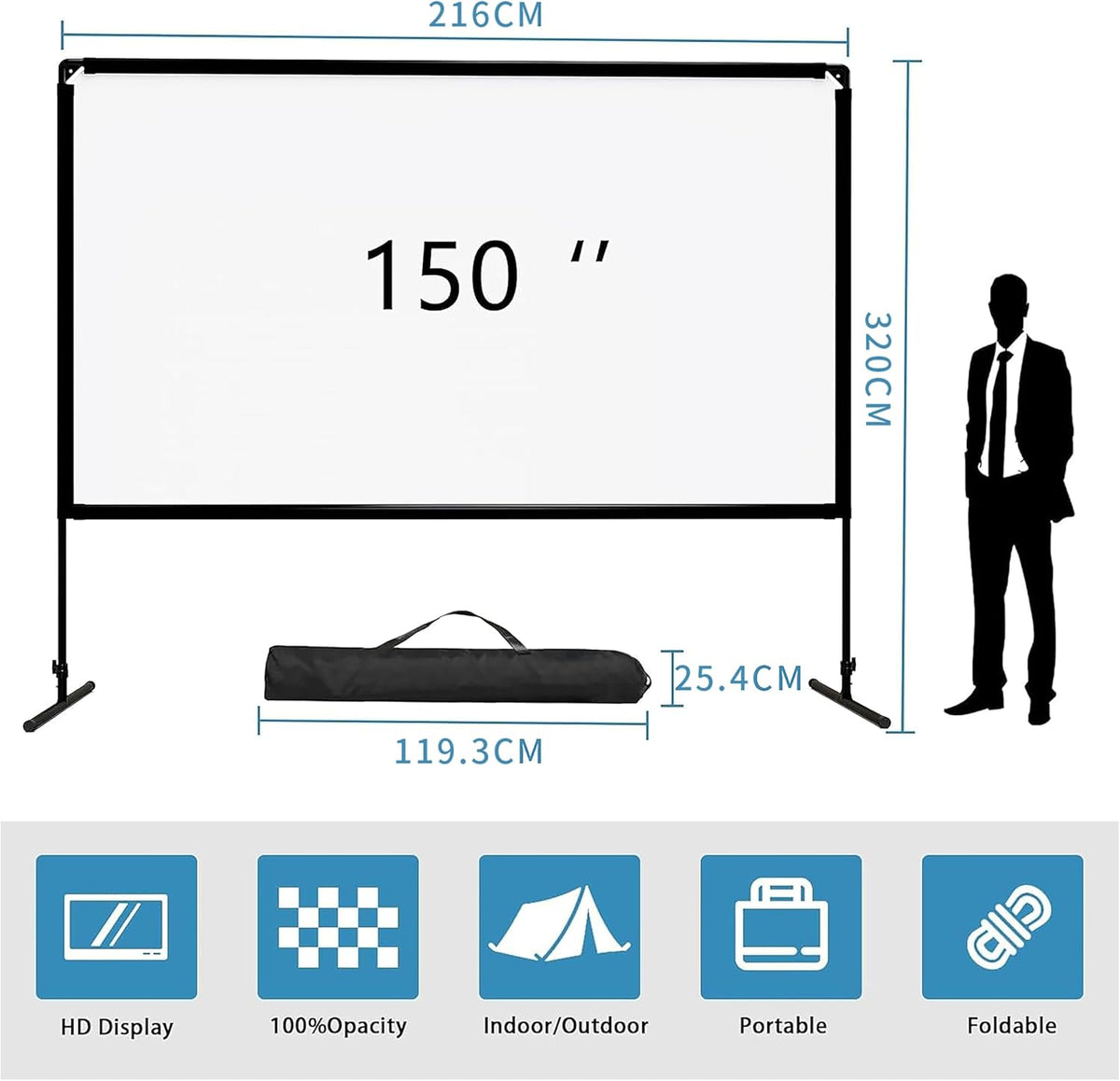 GT GETCO TECH 16:9 indoor outdoor beamer scherm en statief, draagbare HD-beamer scherm, achterste bioscoopscherm met draagtas