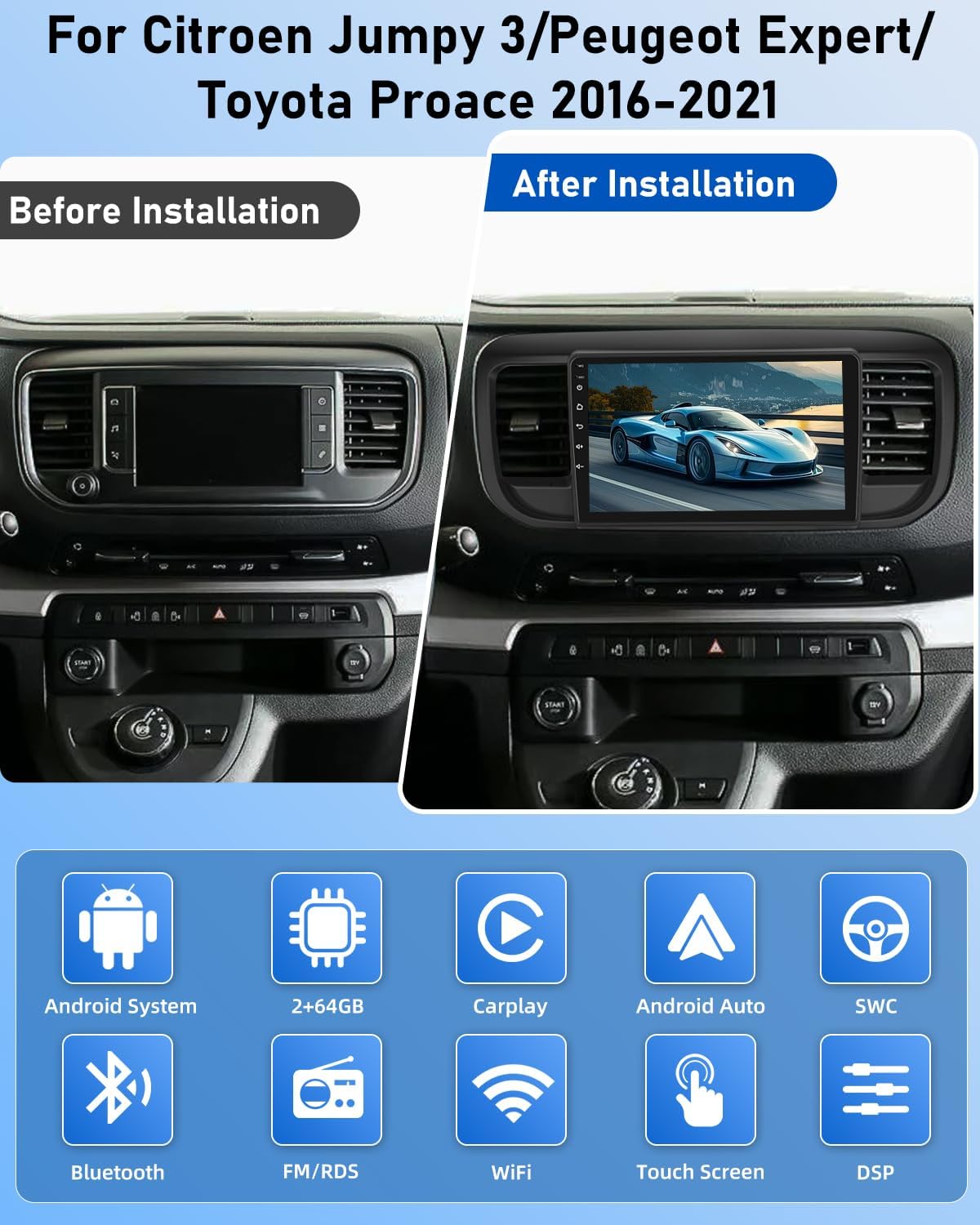 NHOPEEW Android autoradio 2G + 64G voor Citroen Jumpy 3/Peugeot Expert/Toyota Proace 2016-2021 - Draadloze Carplay & Android Auto - Stereo Android 9 inch met WiFi EQ GPS + AHD achteruitrijcamera en