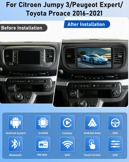 NHOPEEW Android autoradio 2G + 64G voor Citroen Jumpy 3/Peugeot Expert/Toyota Proace 2016-2021 - Draadloze Carplay & Android Auto - Stereo Android 9 inch met WiFi EQ GPS + AHD achteruitrijcamera en