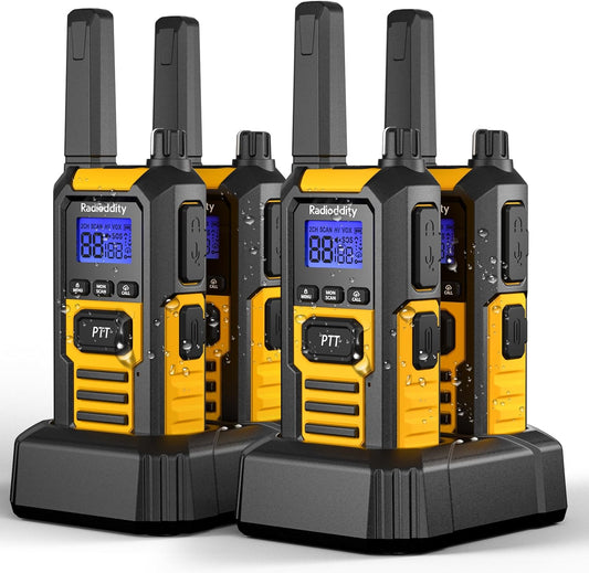 Radioddity HD-1 Walkie Talkie IP67 waterdicht, vergunningsvrij, robuuste PMR stof- en schokbestendig groepsgesprek met één knop SOS-alarm dubbele PTT USB-C-oplaadstation en basisstation, 4 stuks, geel