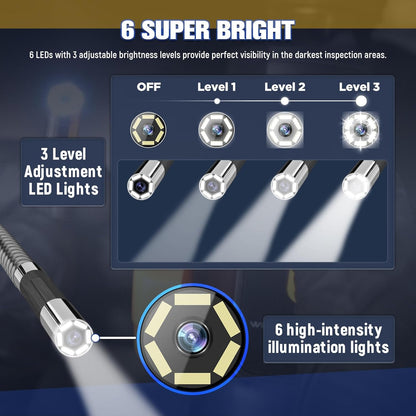 AUTOOL Borescope camera met licht, 210° twee-weg endoscoop-inspectiecamera, 6,5 mm stuurlens, 6 LED-verlichting, HD 1080P videoborescope compatibel met Android- en iOS-telefoon met 3FT slangkabel