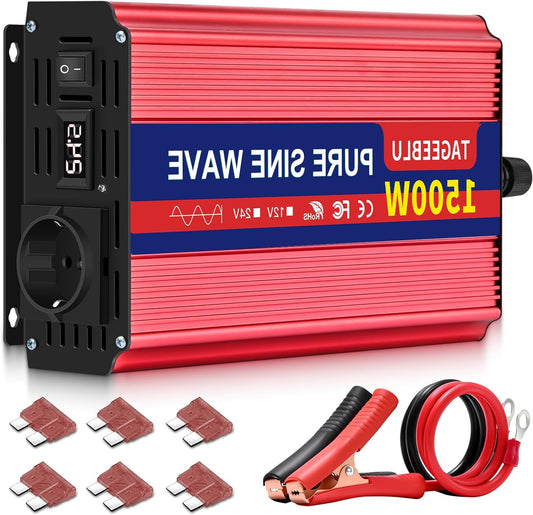 1500W Pure Sine Wave Inverter DC 24V to AC 230V Voltage Converter, Vehicle Inverter with Crocodile Clip, 2 AC Sockets and LCD Screen - QUORE