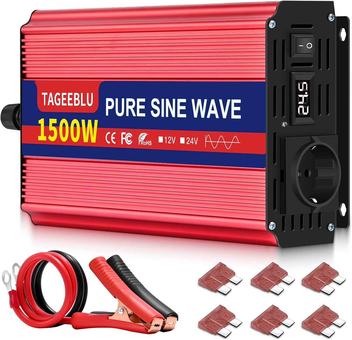 1500W Zuivere Sinusomvormer – DC 24V Naar AC 230V Omvormer – 24V Omvormer – Spanningsomvormer – Inverter – 3000W Piekvermogen – 2 AC-Stopcontacten Met LCD-Scherm