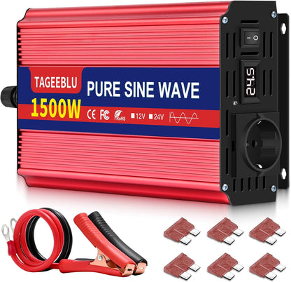 1500W Zuivere Sinusomvormer – DC 24V Naar AC 230V Omvormer – 24V Omvormer – Spanningsomvormer – Inverter – 3000W Piekvermogen – 2 AC-Stopcontacten Met LCD-Scherm