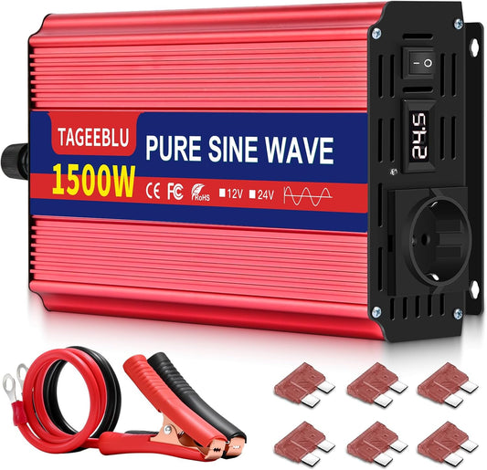 1500W Zuivere Sinusomvormer – DC 24V Naar AC 230V Omvormer – 24V Omvormer – Spanningsomvormer – Inverter – 3000W Piekvermogen – 2 AC-Stopcontacten Met LCD-Scherm