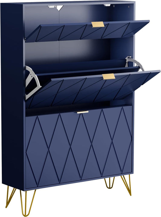 Schoenenkast – Schoenenrek – Schoenopberger – Schoenmeubel – Schoenenschuifkast – Smal Design – 16 Paar Schoenen – Blauw MDF Metalen Poten