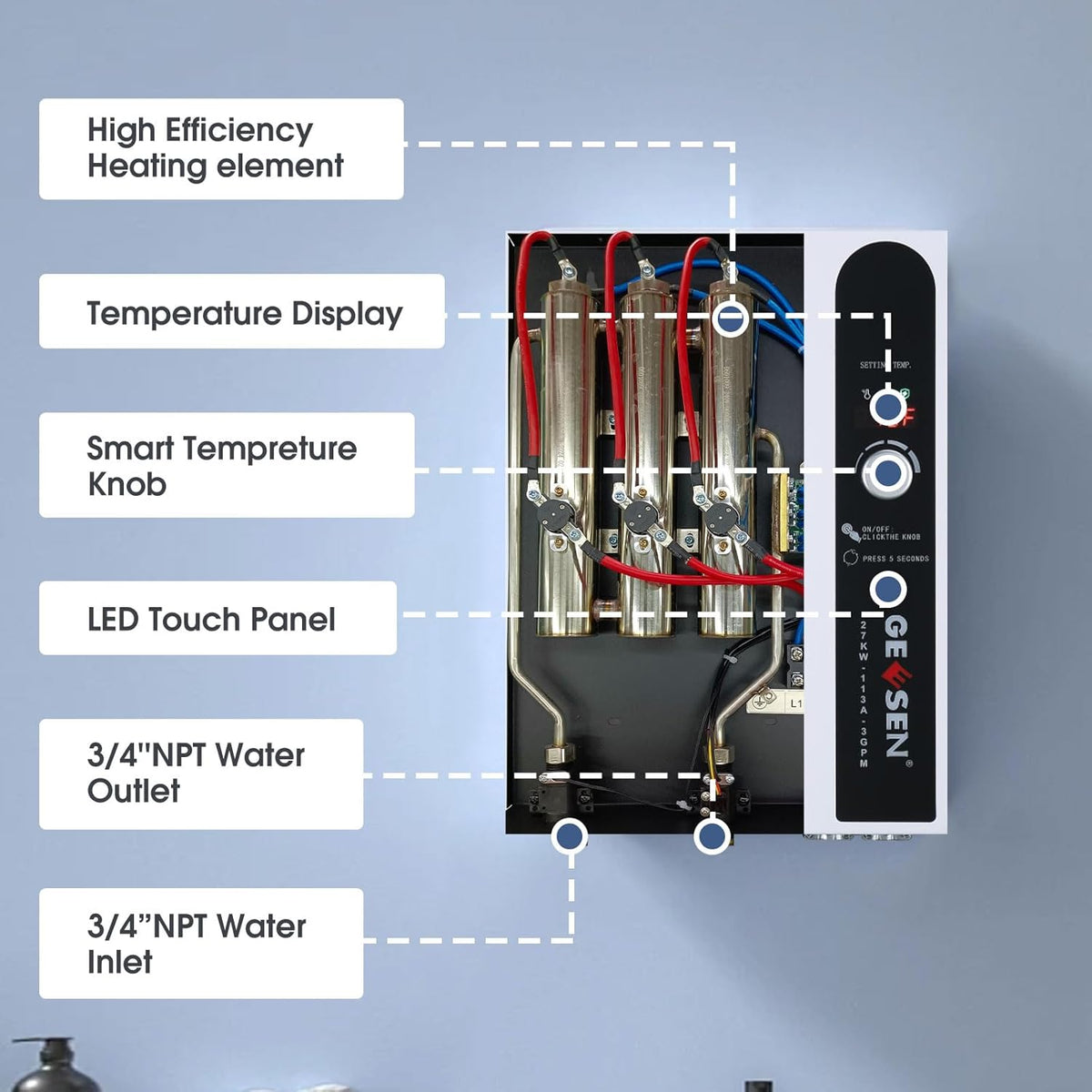 Tankloze elektrische doorstroomboiler, 27 kW, 240 V, eindeloos heet water op aanvraag, met digitale temperatuurweergave voor douches, 114 A, wit