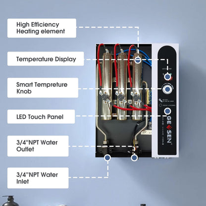 Tankloze elektrische doorstroomboiler, 27 kW, 240 V, eindeloos heet water op aanvraag, met digitale temperatuurweergave voor douches, 114 A, wit