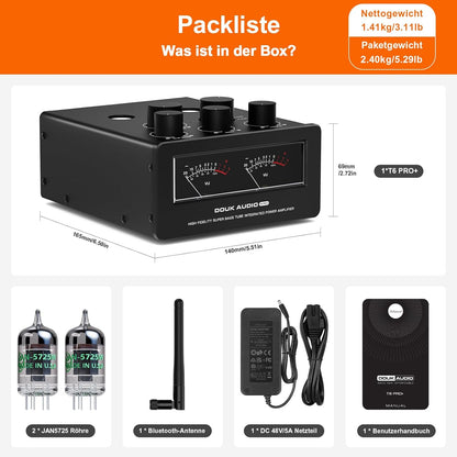 Douk Audio T6 PRO Bluetooth buisversterker: 300 W x2 TPA3255 2-kanaals stereo versterker - dual VU-meter & super bas - voor thuisbioscoop- en hifi-systemen (zwart)