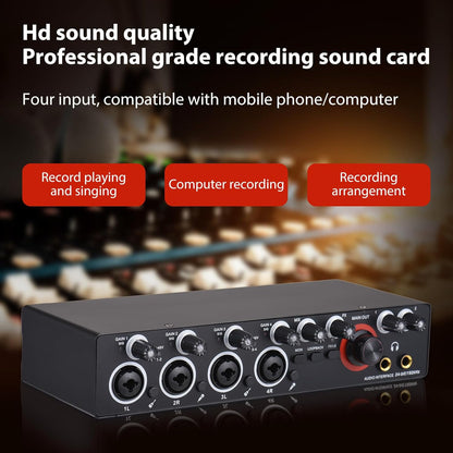 4-kanaals geluidskaart met driverloze audio-interface, USB-geluidskaart 4 ingangen 4 uitgangen, 24 bit/192 kHz 48 V fantoomvoeding voor professionele karaoke-opname