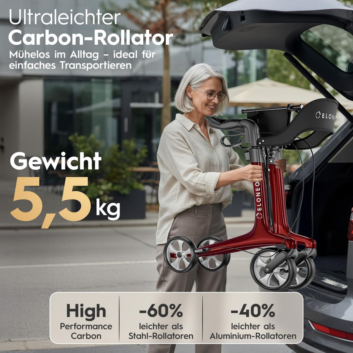 Carbon rollator inklapbaar lichtgewicht met zit, lichtgewicht reisrollator 5,5 kg, loophulp voor senioren 9-voudig in hoogte verstelbaar, inklapbare loopwagen, met tas & parapluhouder