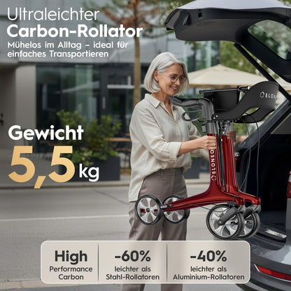 Carbon rollator inklapbaar lichtgewicht met zit, lichtgewicht reisrollator 5,5 kg, loophulp voor senioren 9-voudig in hoogte verstelbaar, inklapbare loopwagen, met tas & parapluhouder