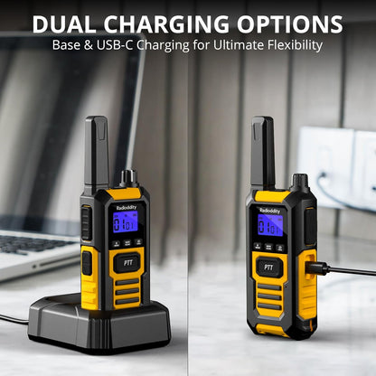 Radioddity HD-1 Walkie Talkie IP67 waterdicht, vergunningsvrij, robuuste PMR stof- en schokbestendig groepsgesprek met één knop SOS-alarm dubbele PTT USB-C-oplaadstation en basisstation, 4 stuks, geel