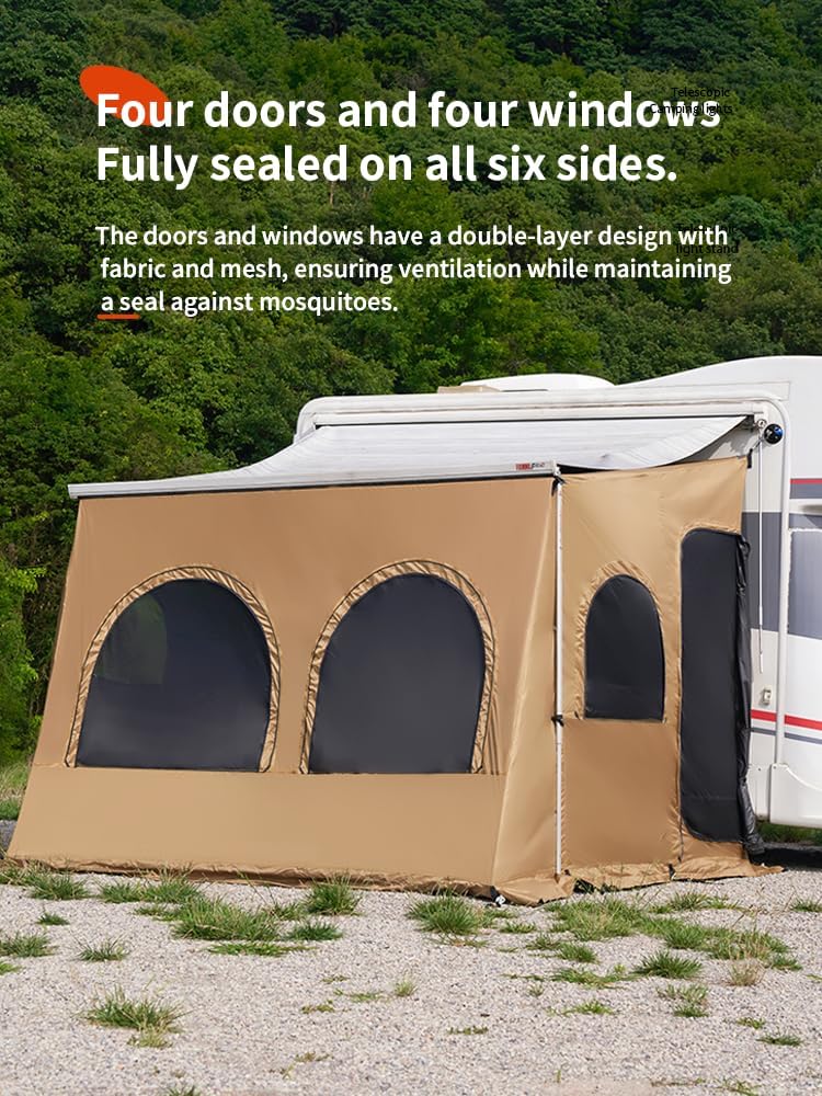RV Luifel Screen Room Campervan Luifel Tent Camper Luifel Zonnescherm Zonnescherm voor Fiamma en Thule en Dometic Stijl Luifels. Polyester Stof Constructie, Zonbestendig, Winddicht, (Bruin 11,14 m)