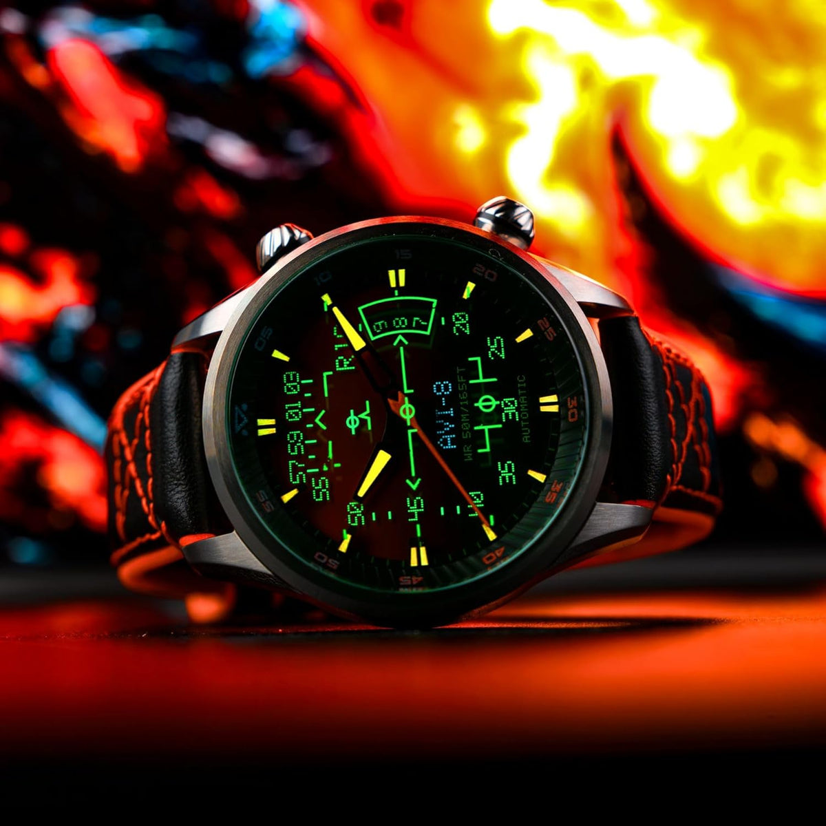 AVI-8 Heren 44mm Hawker Harrier HUD automatisch horloge met rubber/lederen band AV-4117