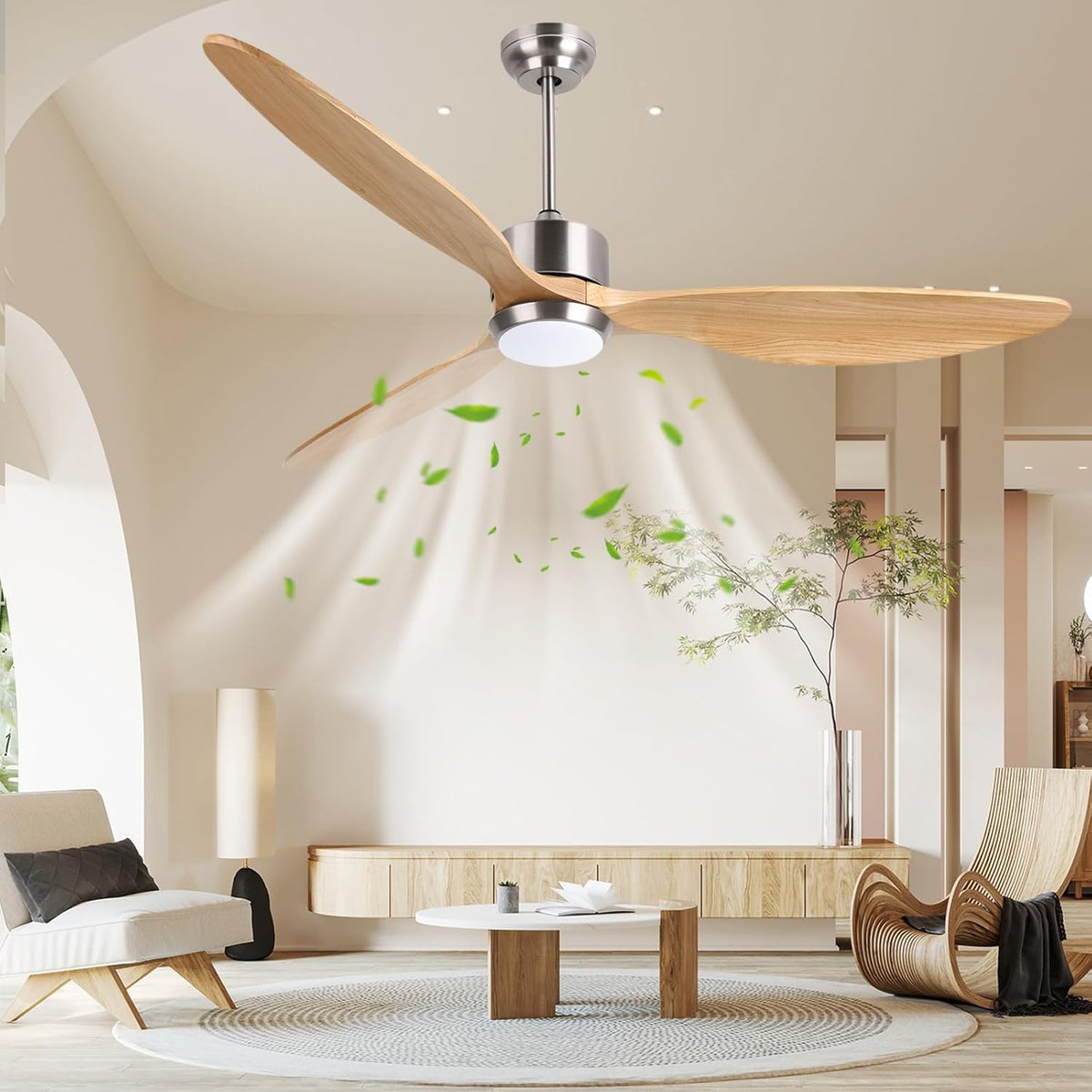 Ovlaim 165 cm Intelligente plafondventilator van massief hout met 3 bladen met licht en afstandsbediening, stille DC-motor met 6 snelheden voor woonkamer, slaapkamer