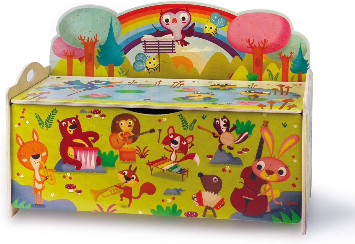 Dida - Concert in het Bos, Houten Speelgoedkist, Grote Houten Opbergkist en Speelbank voor Kinderkamers, Montessori Meubilair