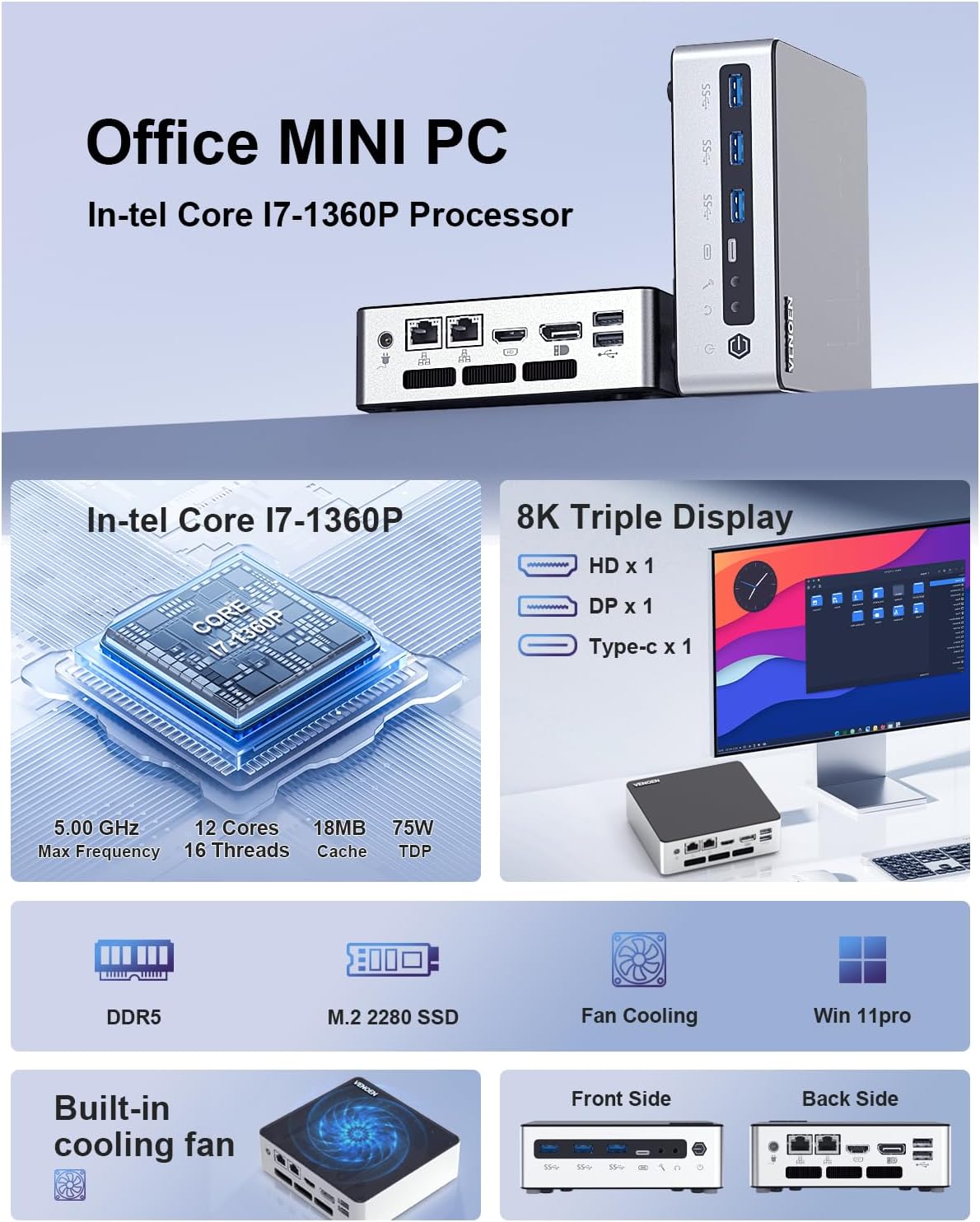 VENOEN Core i7 1360P 13th Gen Mini PC W 11 Pro, 16GB DDR5 RAM 512GB M.2 SSD, HD2.0, DP1.4, USB-C 4K, Home Computer, RJ45 LAN, WiFi 6, BT5.2, USB3.2, WOL, PXE, 19V Fan, Small Comouter - QUORE