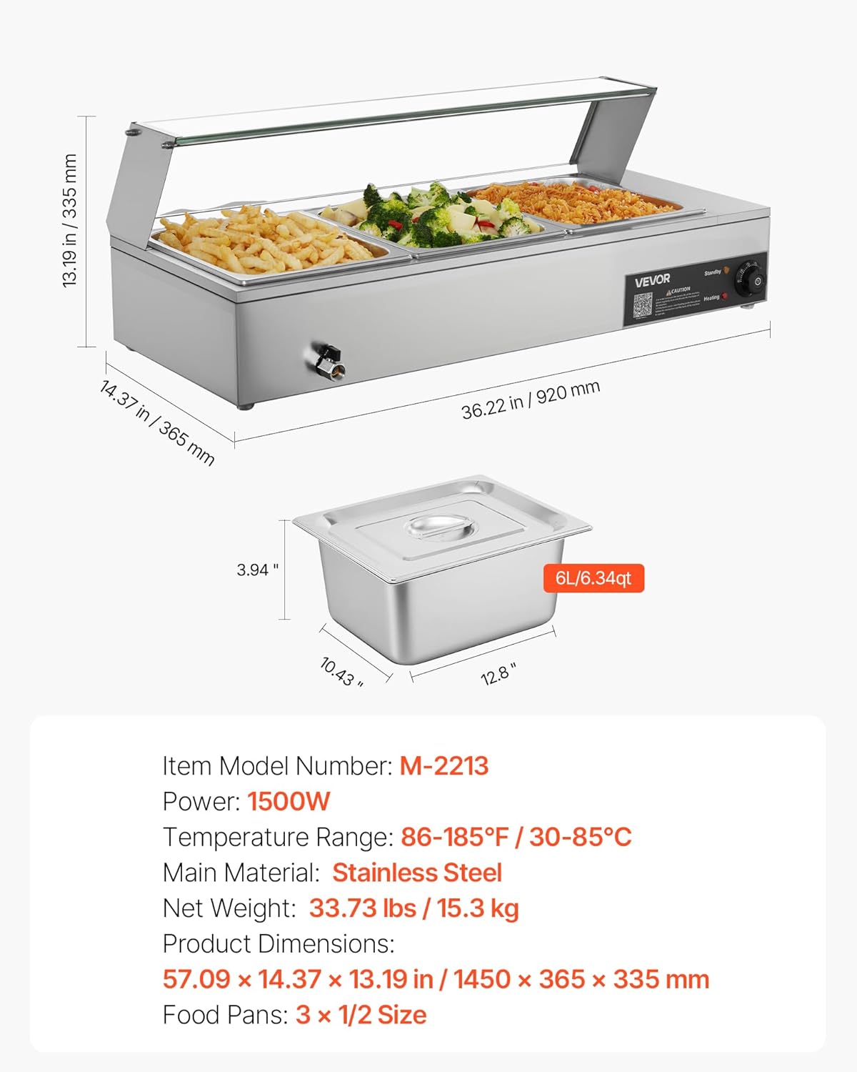 Voedselwarmer – Elektrische Warmer – Buffetverwarmer – Warmhoudpan – Stoomtafel – Roestvrij Staal – 1500 W – 3 Containers met Glazen Deksel