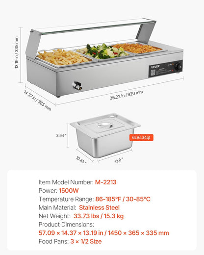 Voedselwarmer – Elektrische Warmer – Buffetverwarmer – Warmhoudpan – Stoomtafel – Roestvrij Staal – 1500 W – 3 Containers met Glazen Deksel