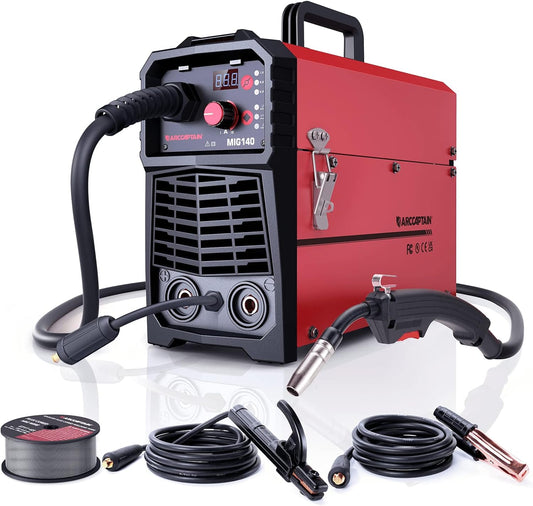 ARCCAPTAIN MIG MAG lasapparaat onder beschermend gas met IGBT 140A AC230V, 5-in-1 soldeerstation met vuldraad FLUX/MMA E-Hand/Lift TIG met synergetische draaddispenser en 1 kg 0,8 mm gevulde draad