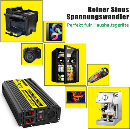 Pure Sine Wave omvormer, 1500 W/3000 W, 12 V naar 230 V, Pure Sine Wave spanningsomvormer voor camper, vrachtwagen, met ingebouwde 5 V/2,1 A USB-laadpoorten, auto-omvormer, 12 V