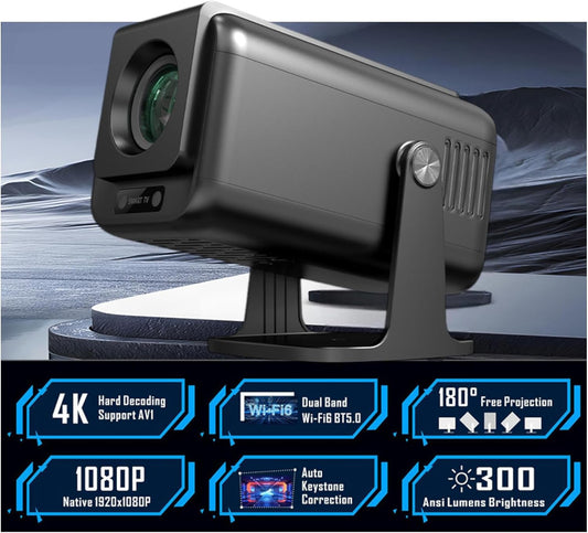 1080P Full HD Mini Smart beamer projector 4K 300ANSI met Android 13, 12000 lumen mobiele telefoon ondersteuning WiFi 6 en Bluetooth trapeziumcorrectie thuisbioscoop video luidspreker USB-poort + HDMI