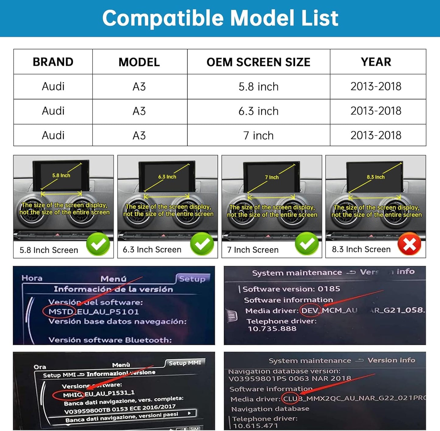 Retrofit Kit Decoder met Wireless CarPlay & Android Auto voor Audi A3/S3 2013-2018, Ondersteuning Mimrorlink, Youtube, GPS Achteruitrijcamera, Siri