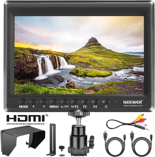 Neewer F100 7 inch camera Field Monitor Video Assist Slim IPS 1280 x 800 HDMI-ingang 1080p met parasol voor filmvideo-opname platform (batterij en adapter niet inbegrepen)