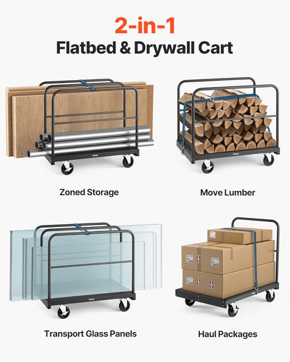 VEVOR Drywall Trolley Load Capacity 810 kg Steel Plates 12.5 mm Casters Platform 91.5 x 61 cm 4 Side Rails for Factory Garage Black