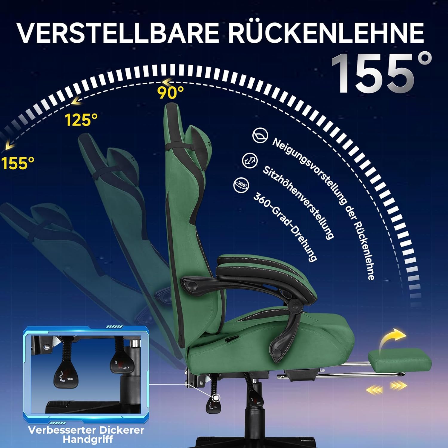 GTPLAYER Ergonomic Gaming Chair, Technical Fabric, with Lumbar Support, Computer Chair with Extended Backrest, Supports up to 150kg, Green - QUORE