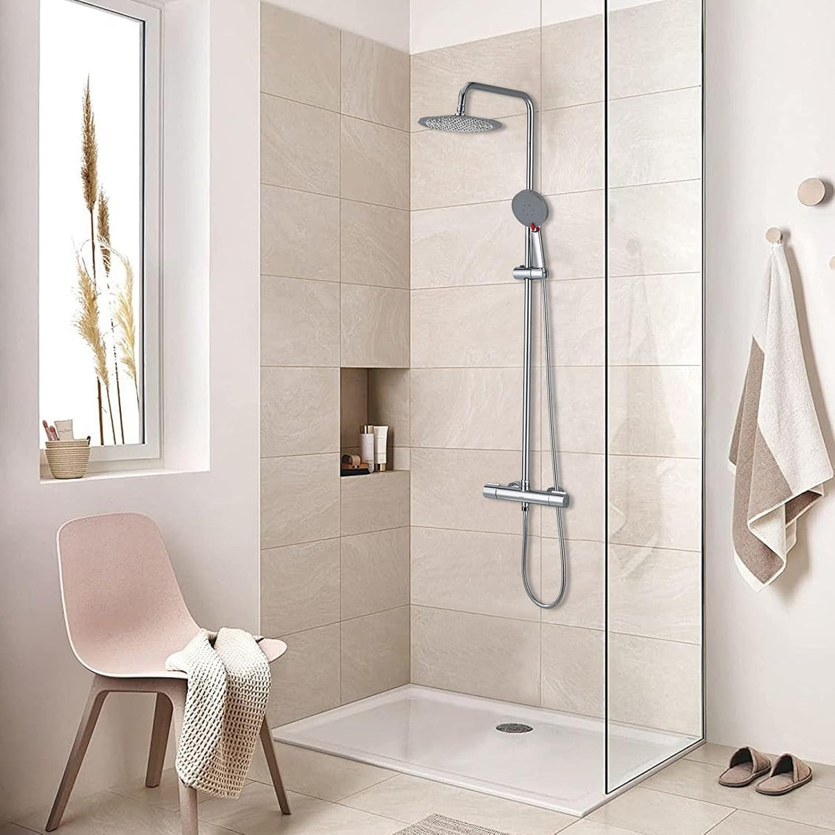 Doucheset – Douchesysteem – Regendouche – Handdouche – Thermostaatkraan – RVS 25 cm Regendouche – 3 Straalsoorten Handdouche – Verstelbare Douchestang