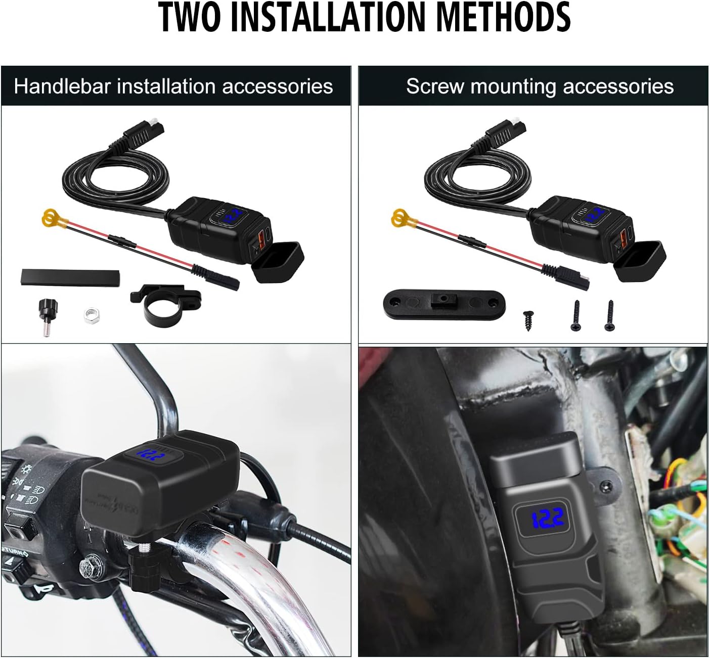 USB-stopcontact voor motorfiets, 18 W, QC3.0, 30 W, PD, USB-oplader voor motorfiets, waterdicht, snel opladen met schakelaar en led-voltmeter, USB-stuur voor marine, auto, camper, SUV