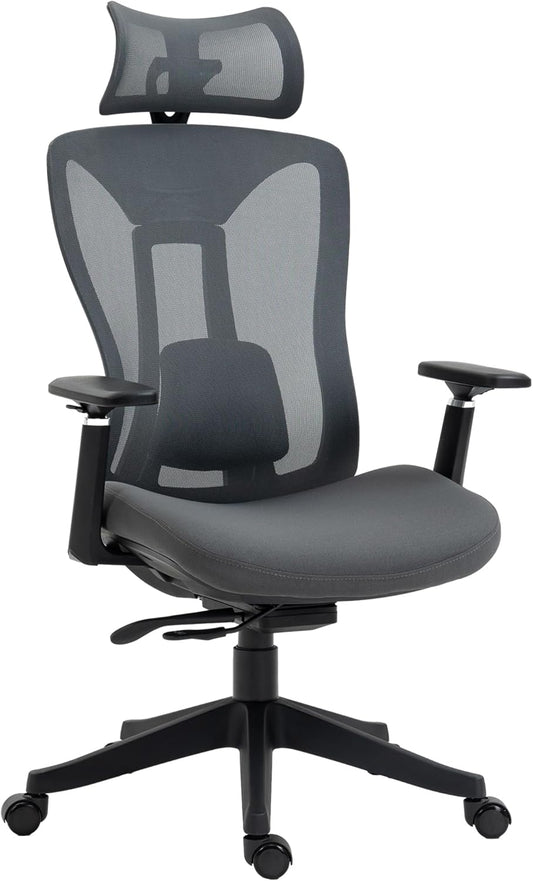 Bureaustoel – Ergonomische Stoel – Office Chair – Computerstoel – Draaistoel – Verstelbare Lendensteun – Kantelbare Rugleuning tot 135° – Ademend Mesh Grijs