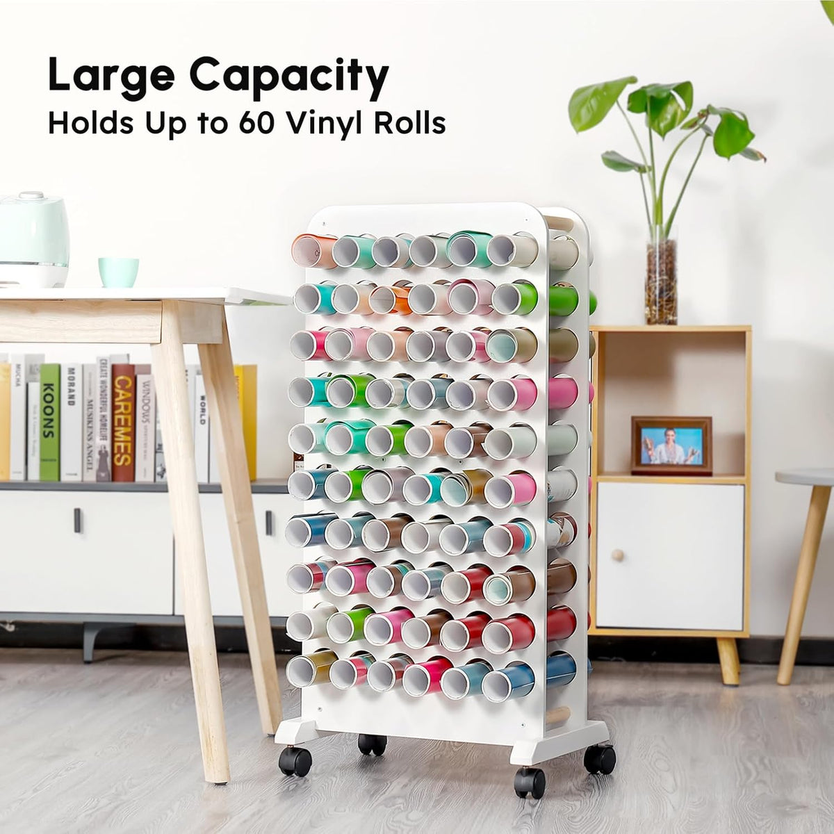 Mobiele vinyl rolhouder, 60 compartimenten vinyl opbergorganizer met vergrendelende zwenkwielen, houten vinyl rol opbergkar rek ambachtelijke opslag cadeauverpakking organizer voor thuis