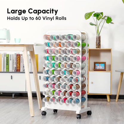 Mobiele vinyl rolhouder, 60 compartimenten vinyl opbergorganizer met vergrendelende zwenkwielen, houten vinyl rol opbergkar rek ambachtelijke opslag cadeauverpakking organizer voor thuis
