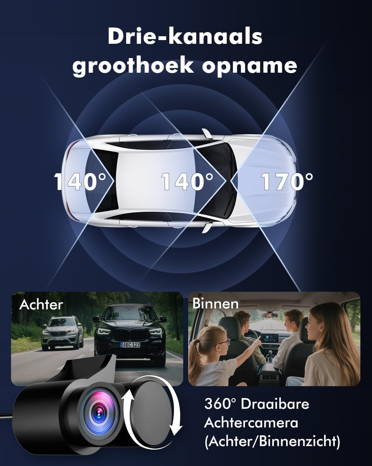 3-Kanaals Dashcam Auto, 4K UHD Voorkant + Full HD Achter + Interieur, Dashcam met 24u Parkeerbewaking, WiFi 6 & GPS, HDR/WDR Nachtzicht, 3 inch IPS dash cam met 64GB kaart (V1)